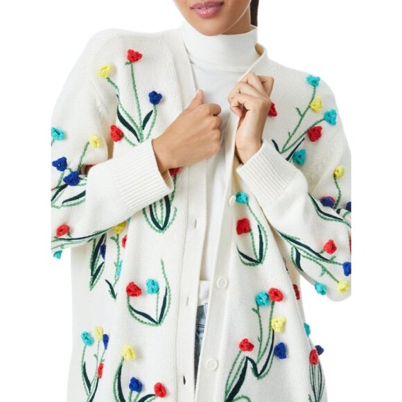 Alice + Olivia Bradford Crochet White Flowers Grandpa Cardigan Large - Picture 3 of 13